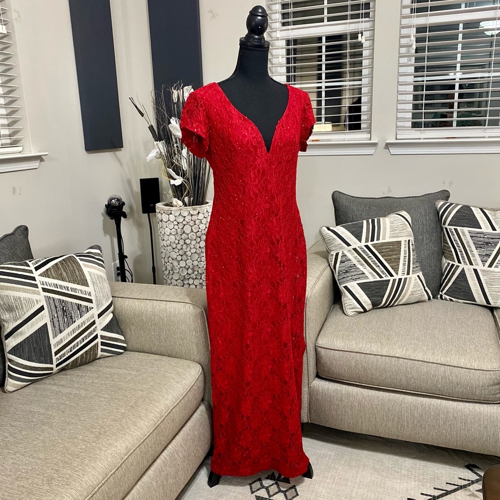 Connected Apparel Grace Red Sequin Lace Long Dress